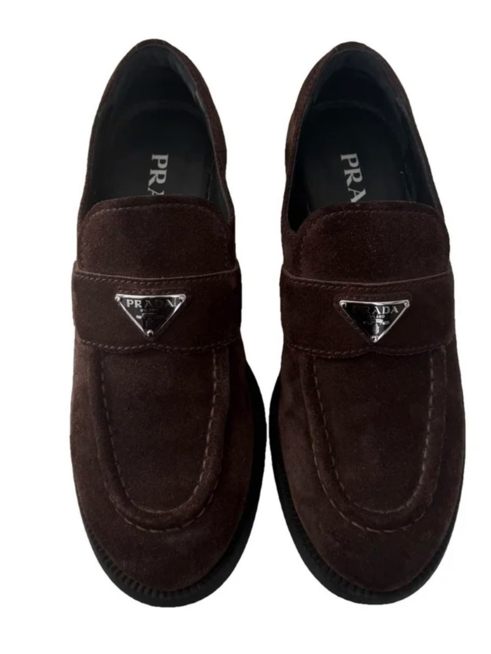 PRADA Dark Brown Suede Loafers with Silver Triangle Logo
